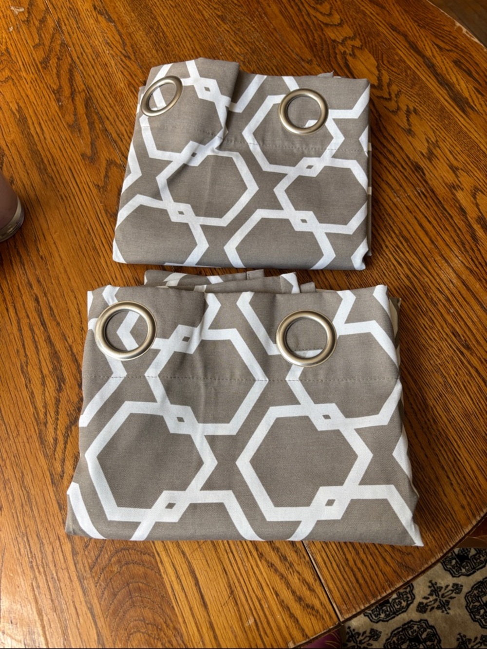 Pair of Geometric Grommet Curtain Panels in Taupe & White